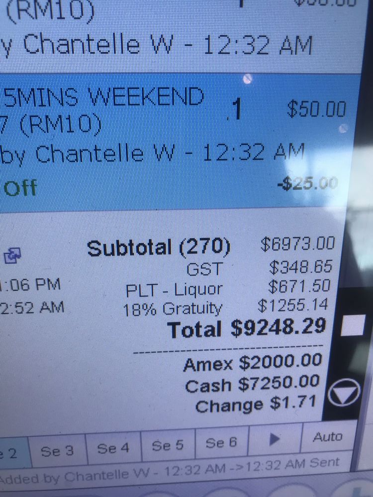A karaoke bar receipt screen showing a total of $9,248.29