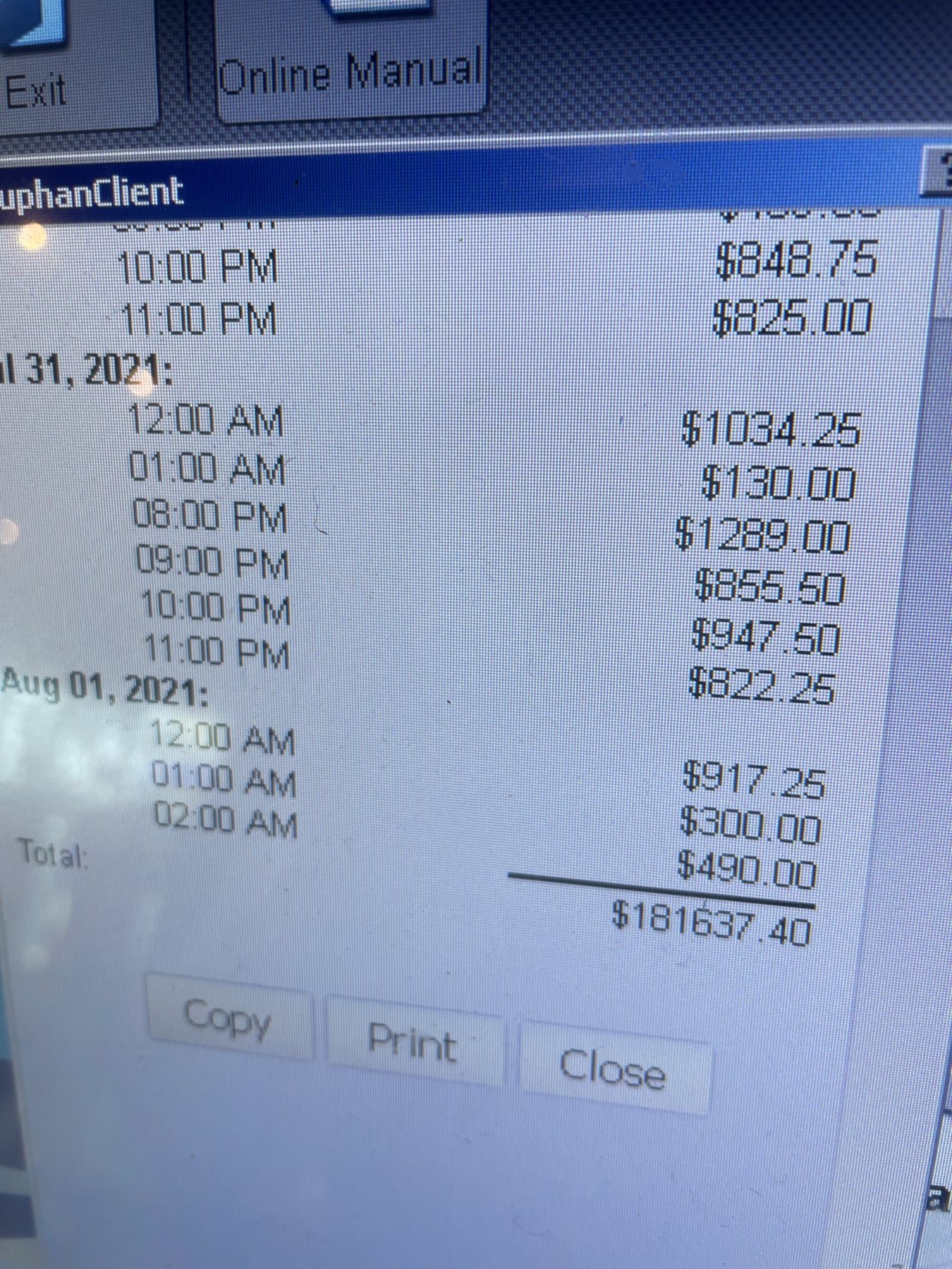 A screen showing a month of karaoke bills