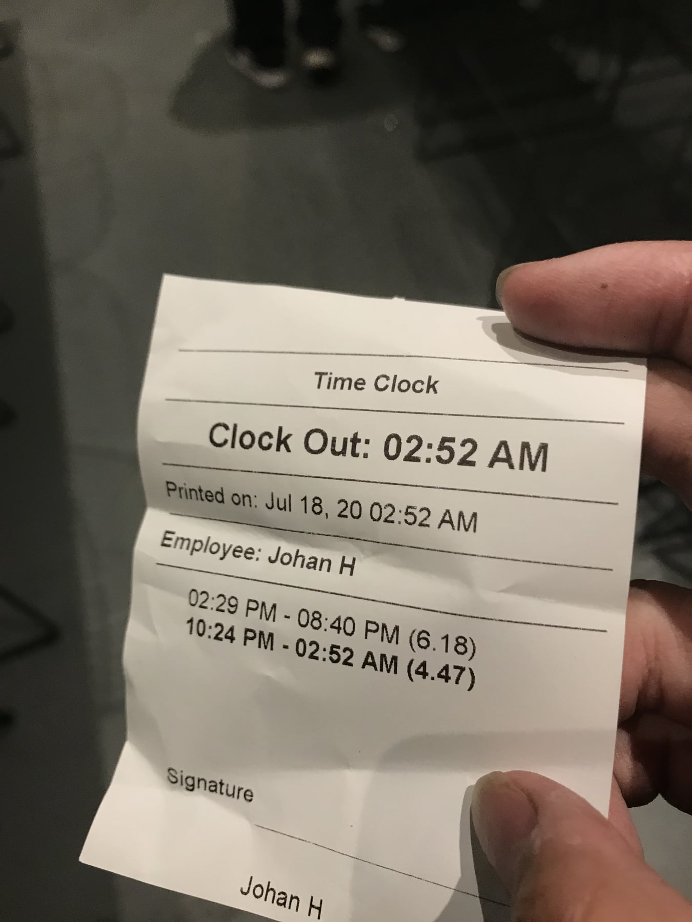A time clock receipt from a long karaoke shift