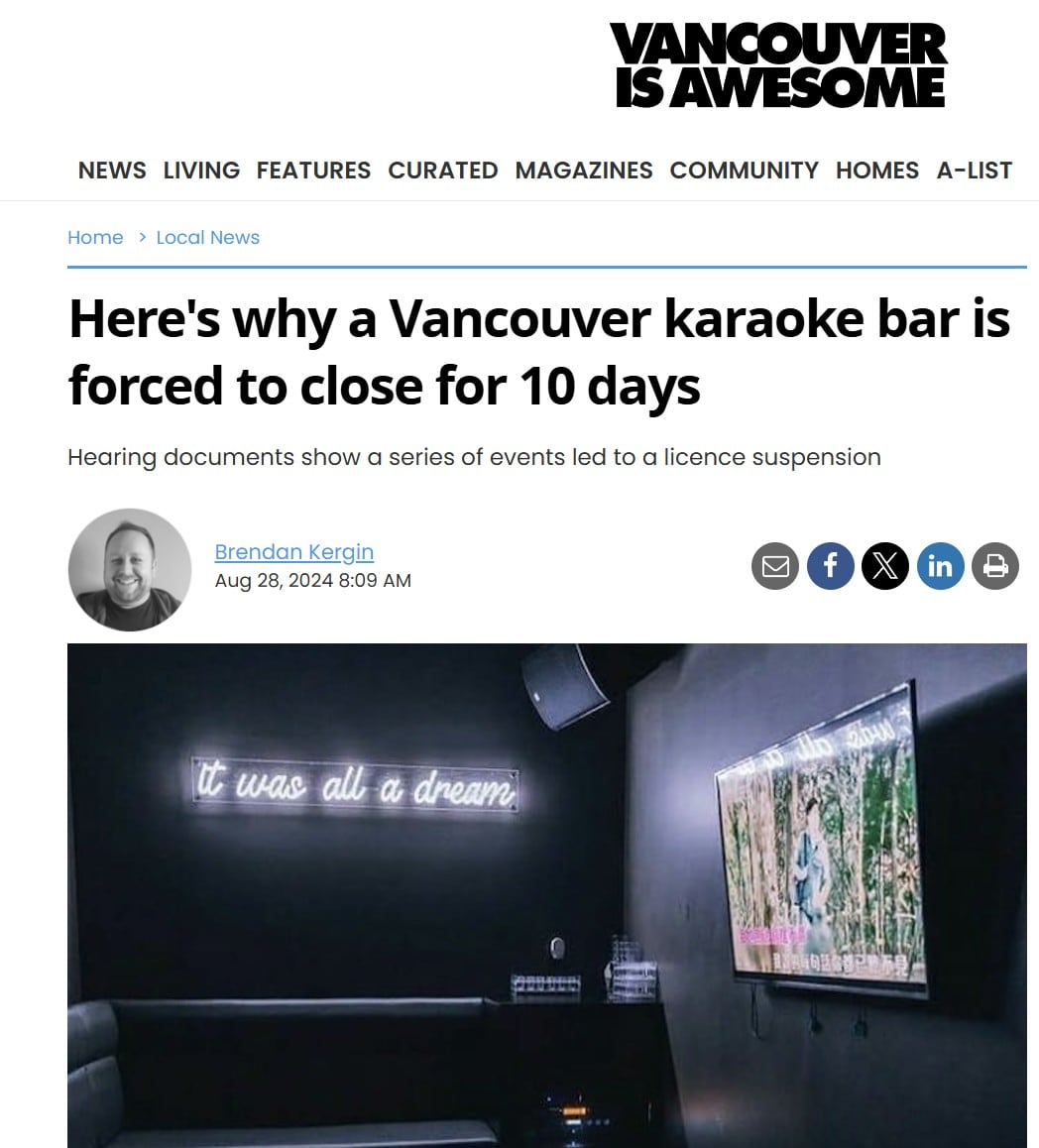 A news article about a Vancouver karaoke bar being forced to close for ten days